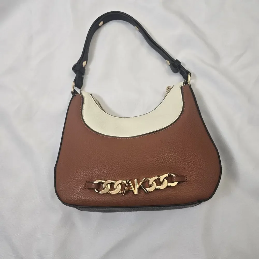 Anne Klein Two Tone Hobo Bag Brown Cream Black Faux Leather Chic Shoulder Purse
